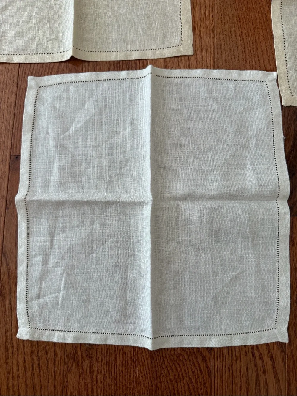 New ivory linen dinner napkins featuring a delicate hemstitch border, Set 3